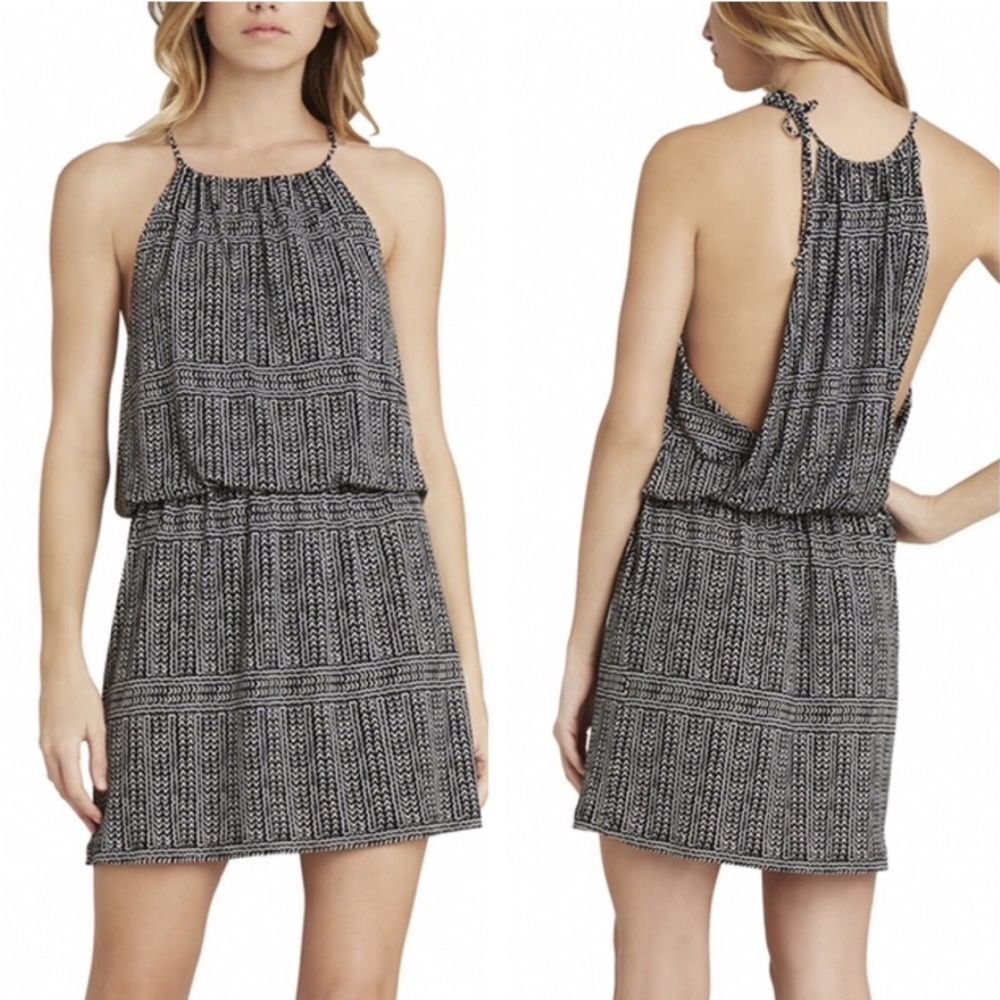 BCBGeneration Shirred Waist Tribal Print Dress Tie Neck Blouson Keyhole Halter S